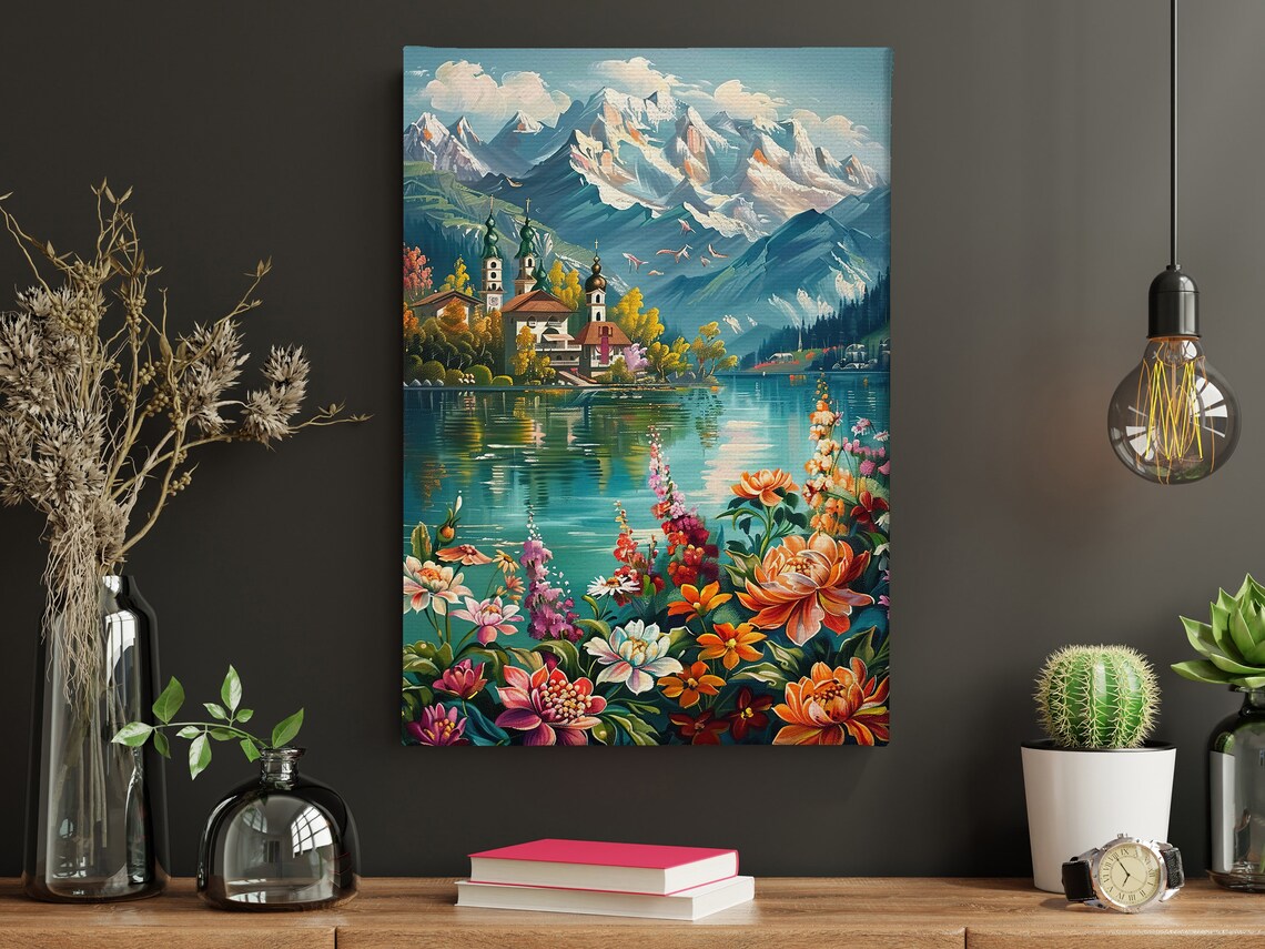 Vintage Countryside Lake Oil Painting Dreamy Mountain Art Print Landscape Print Flowers Wall Art Landscape Print - Image 3