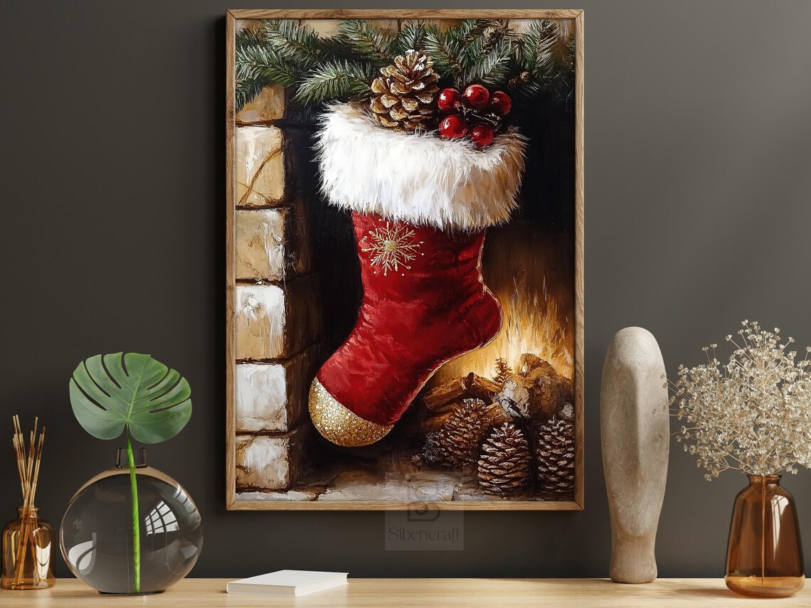 Cozy Christmas Stocking Painting, Fireplace Art Print - Image 6