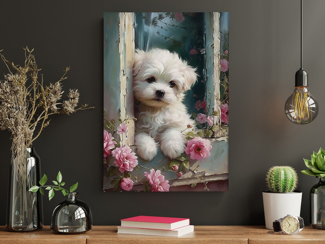 Cute Dog On The Window Oil Painting, Floral Print - Image 5