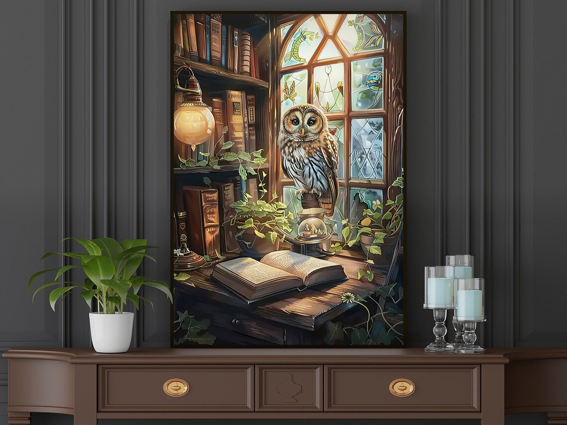 Vintage Owl and Books Poster Print, Cottage Bird - Image 4