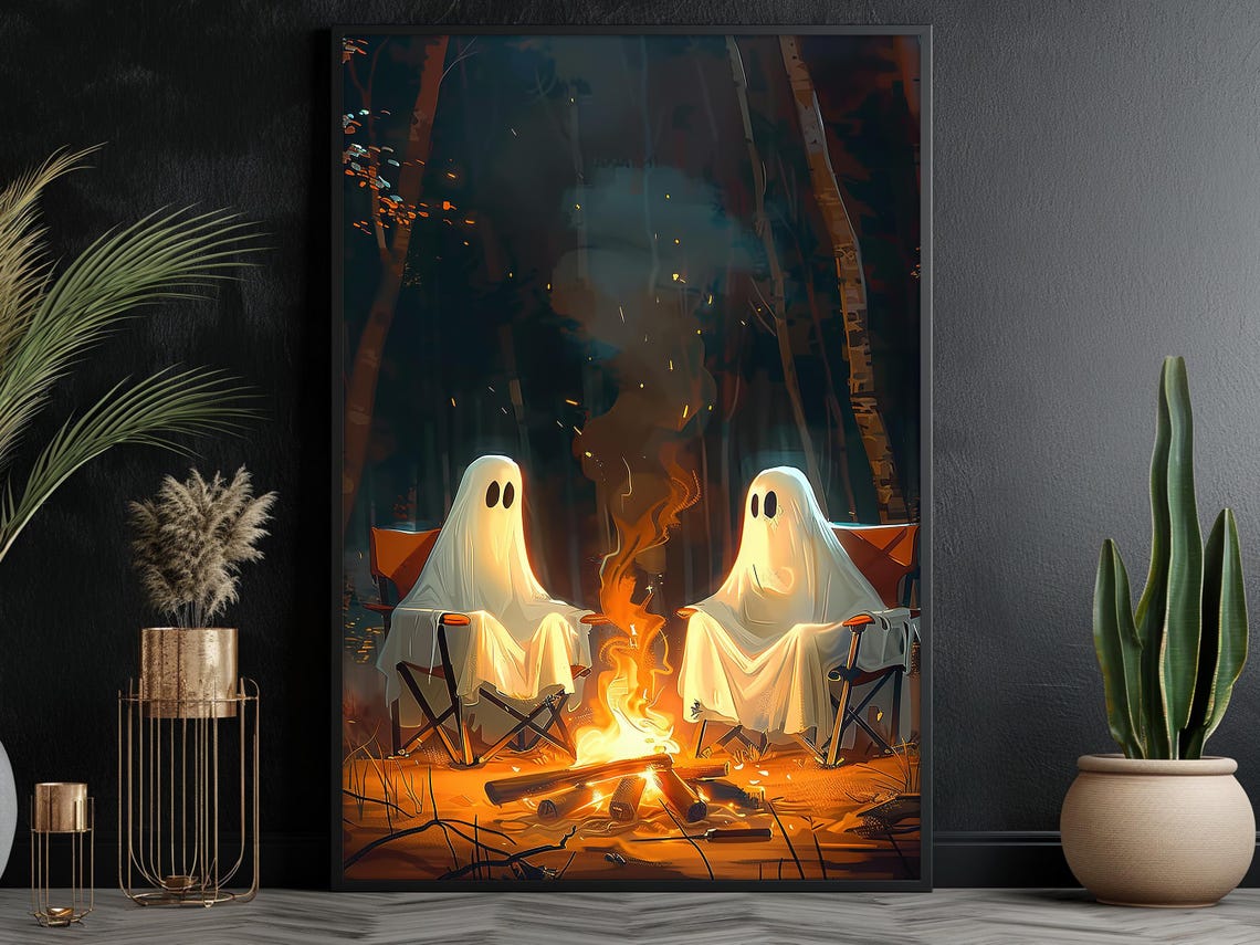 Couple Ghosts Camping Around Campfire Cute Spooky Halloween Poster - Image 5