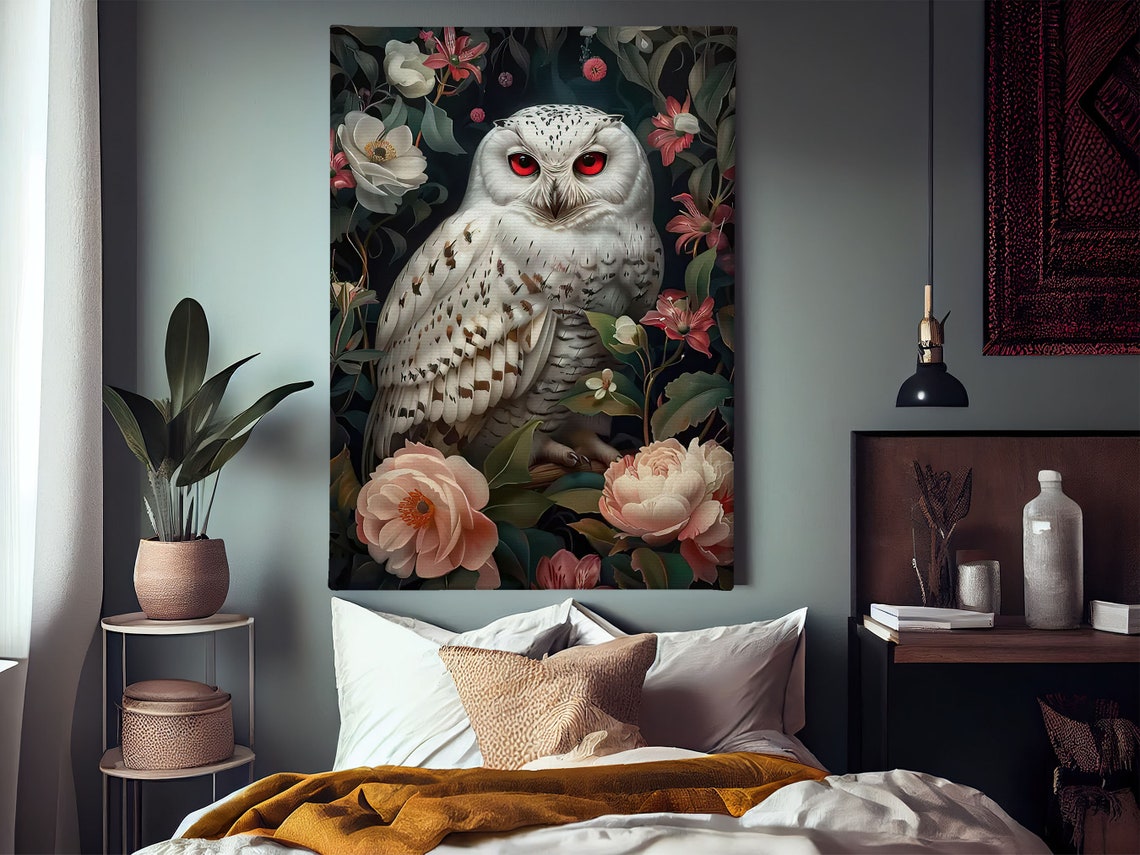 White Owl Red Eyes Gothic Floral Moody Dark Botanical Art Poster - Image 2