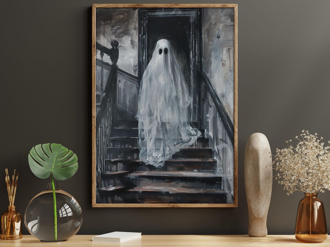 Spooky White Ghost On Dark Stairs Haunted House Halloween Poster - Image 6