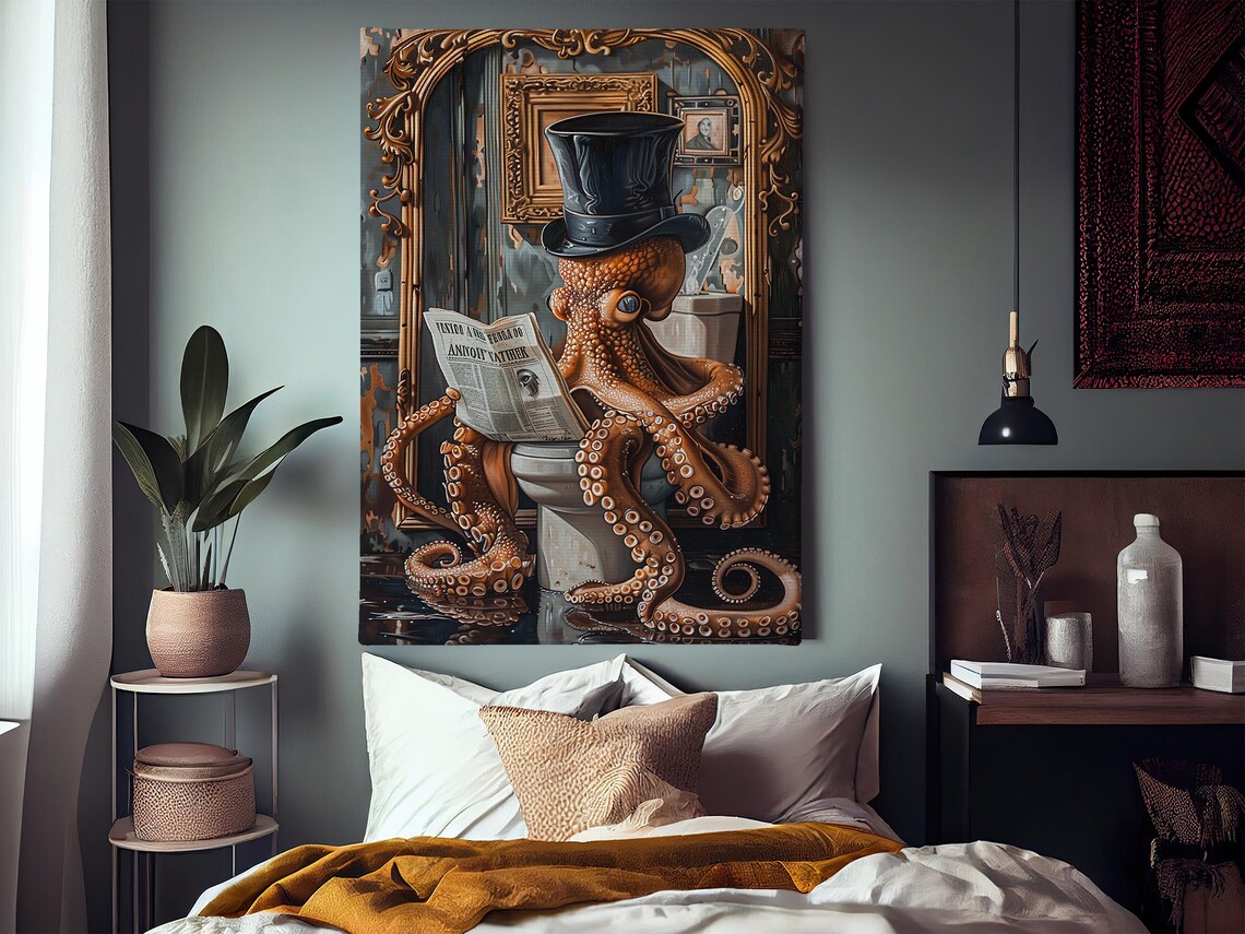 Vintage Octopus on Toilet Bathroom Poster Print - Image 3