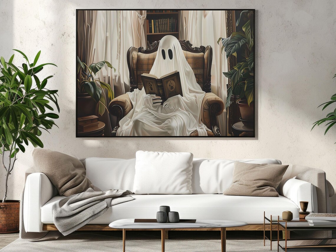 Cozy Vintage Ghost Reading Book in Armchair Library Halloween Art Poster - Image 4