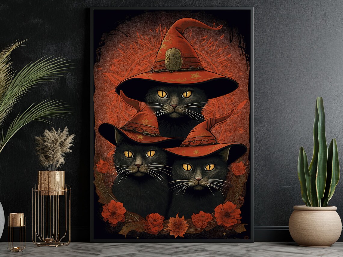 Three Black Cats In Red Witch Hats Halloween Floral Vintage Style Poster - Image 5