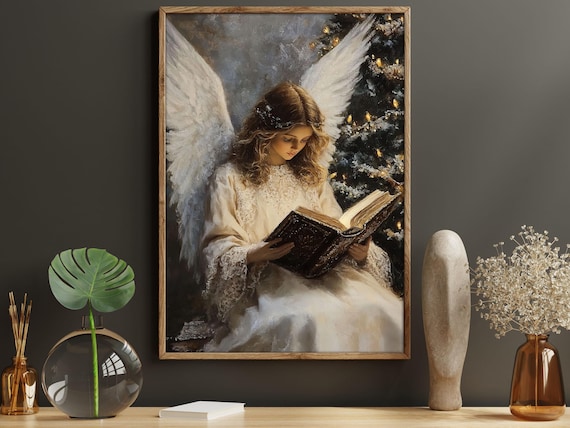 Angel Girl Reading Book Christmas Tree Lights Vintage Christian Art Painting Poster