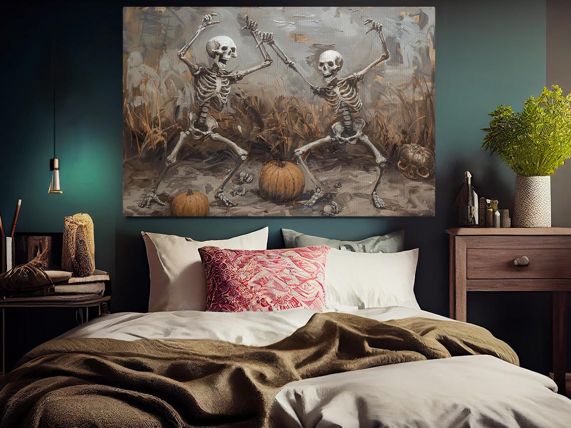 Joyful Dancing Skeletons Among Pumpkins in Harvest Field Art Poster - Image 3