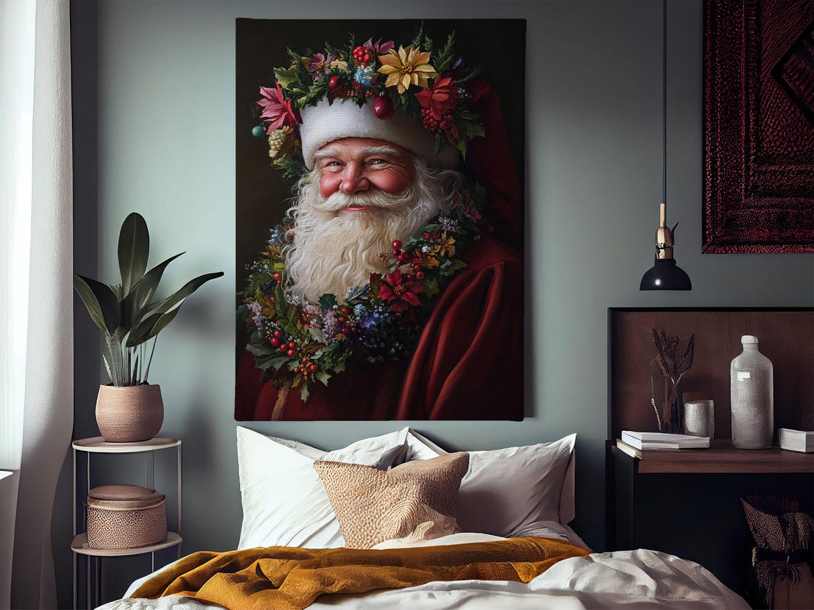 Vintage Santa Wearing Christmas Wreath Painting Christian Cottage Santa Claus Poster Print Christmas Wall Art Christmas Decor - Image 3