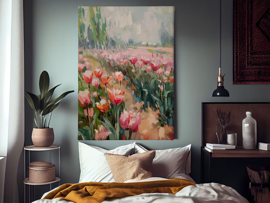 Pink And Red Tulip Field Spring Impressionist Floral Landscape Poster - Image 2