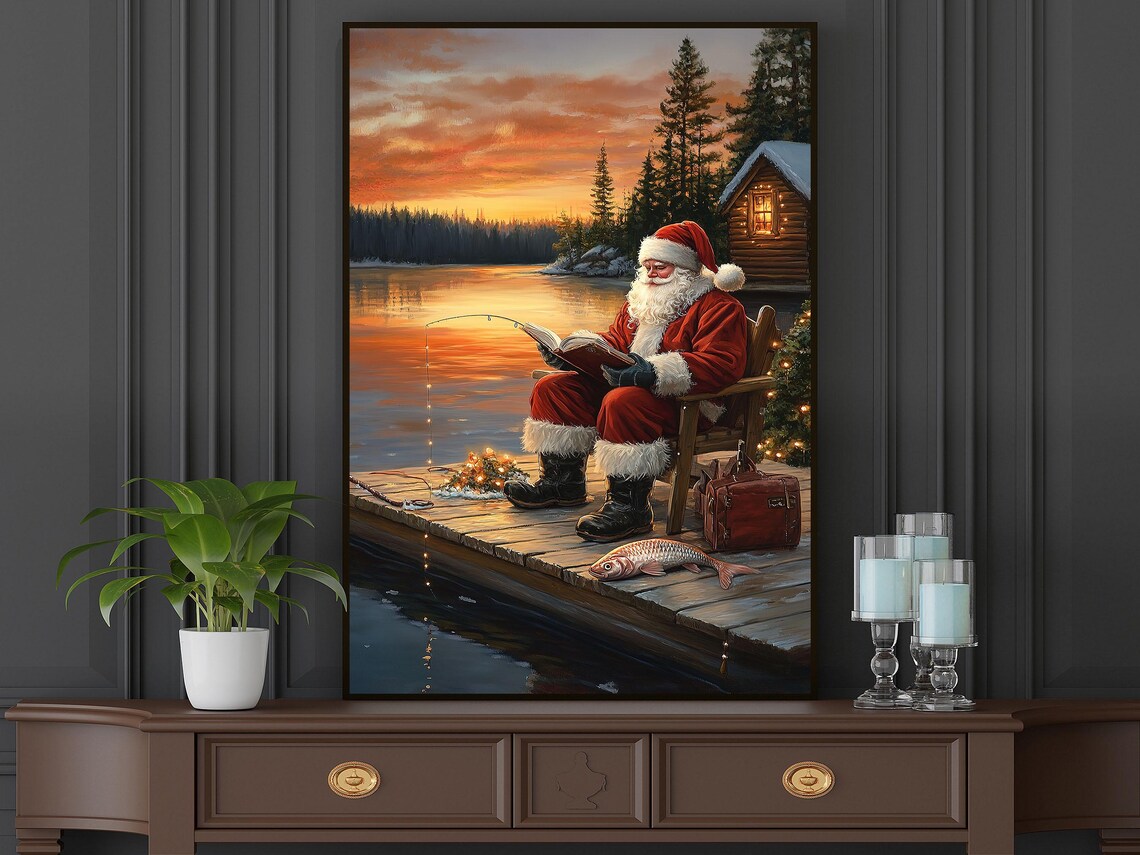 Vintage Santa Reading And Fishing Christmas Art Print - Image 5