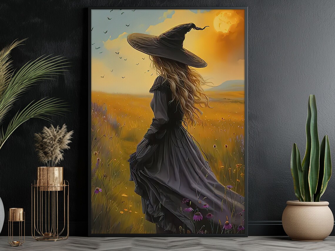 Witch In Golden Wildflower Meadow Sunset Back View Witchy Fantasy Poster