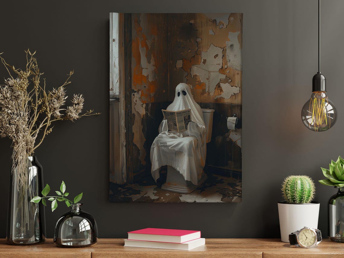 Funny Ghost Reading Newspaper on Toilet in Old Bathroom Art Poster - Image 4