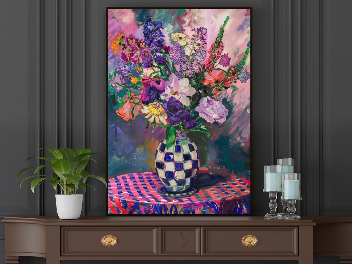 Vibrant Floral Bouquet In Checkered Vase Fauvist Still Life Art Poster - Image 5