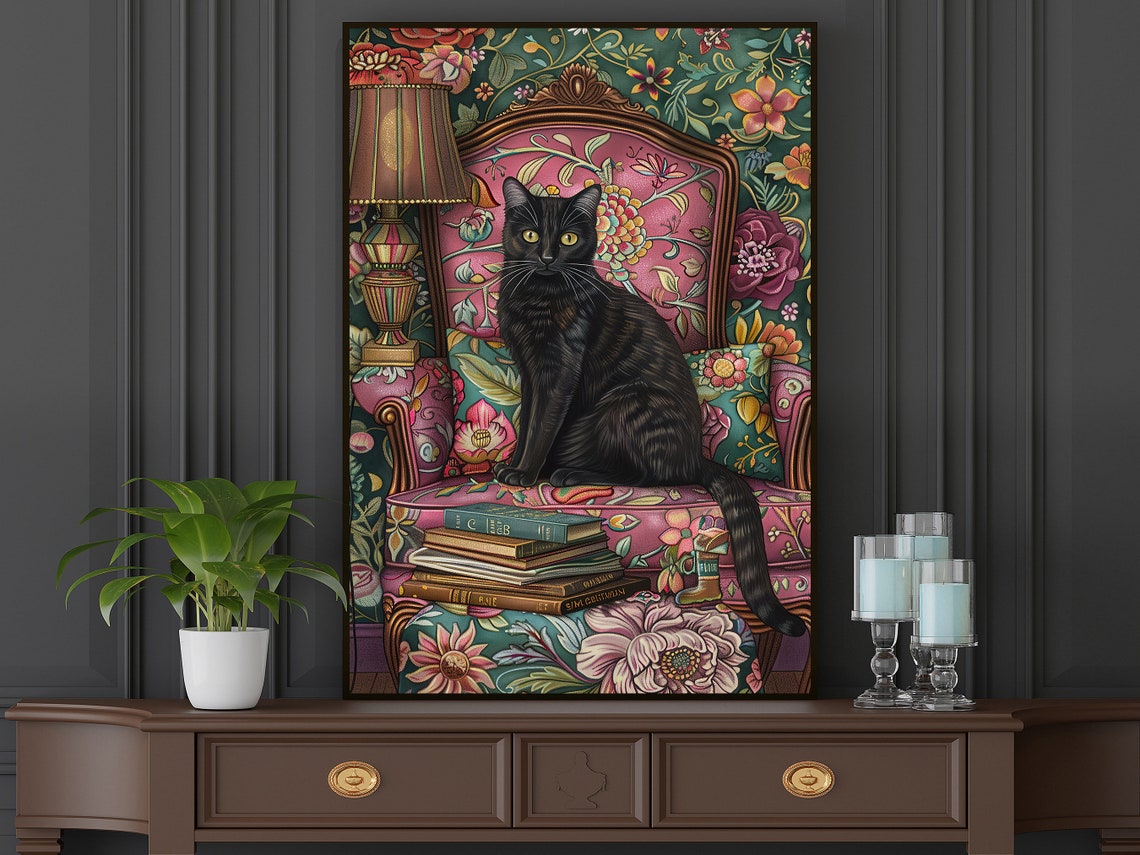 Black Cat On Floral Armchair With Books Maximalist Art Wall Poster - Image 5