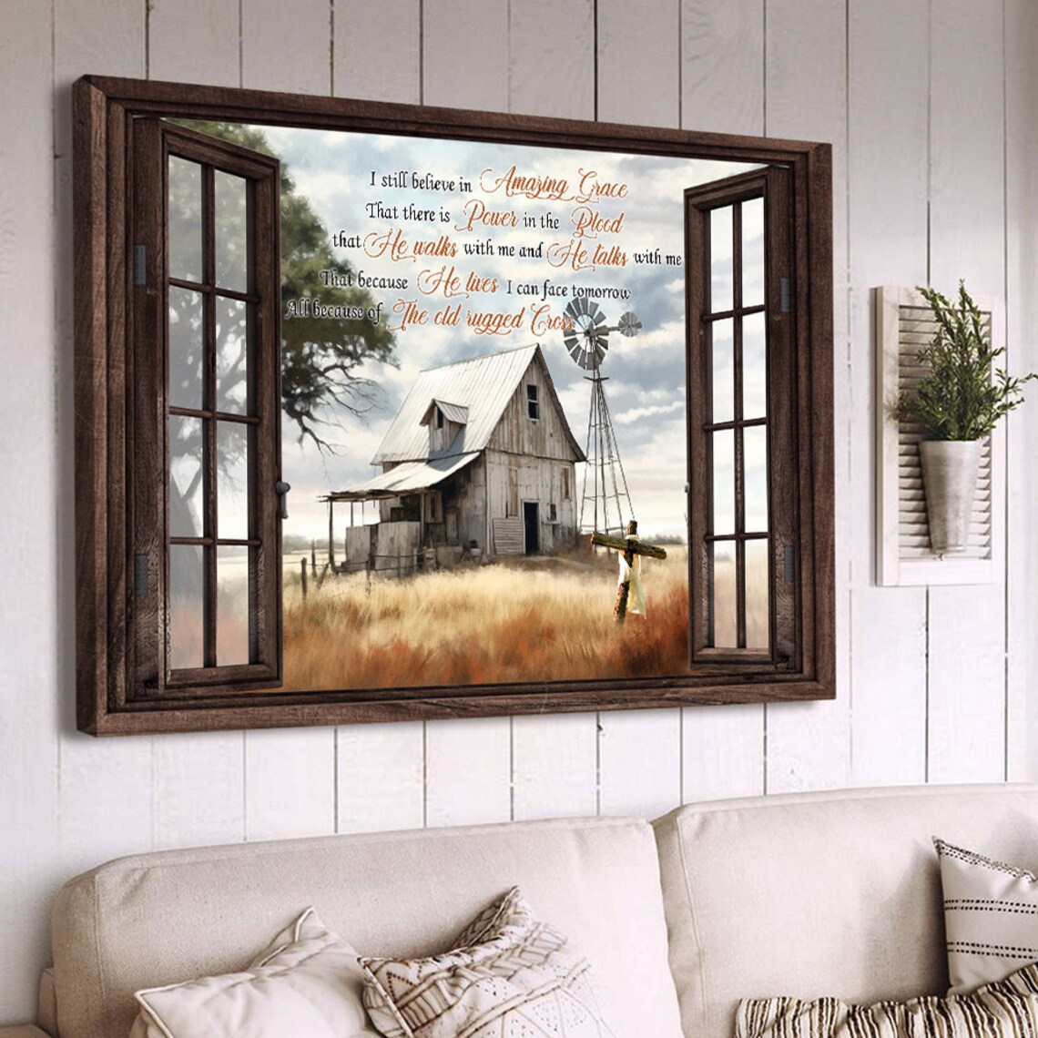 Amazing Grace Lyrics Open Window Old Barn Cross Golden Wheat Field Wall Art - Image 4