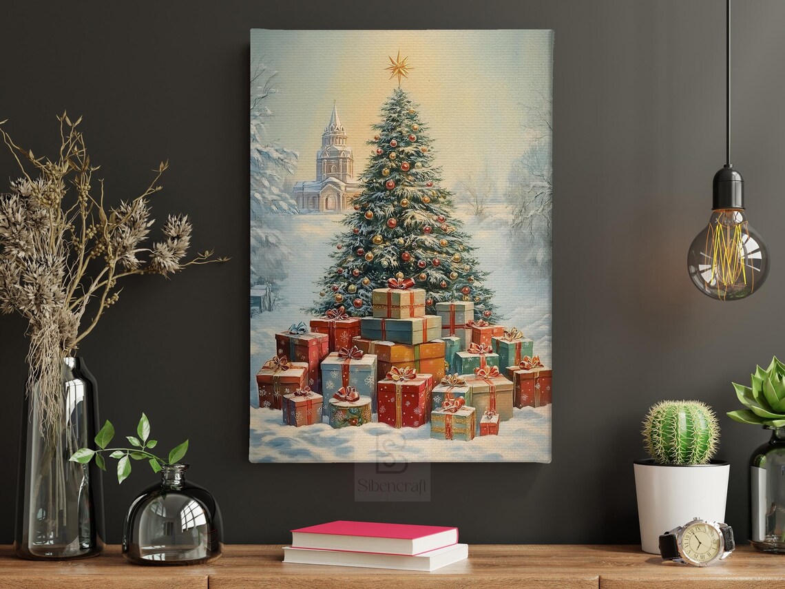 Village Christmas Tree With Church Gifts And Snowy Golden Star Poster - Image 4