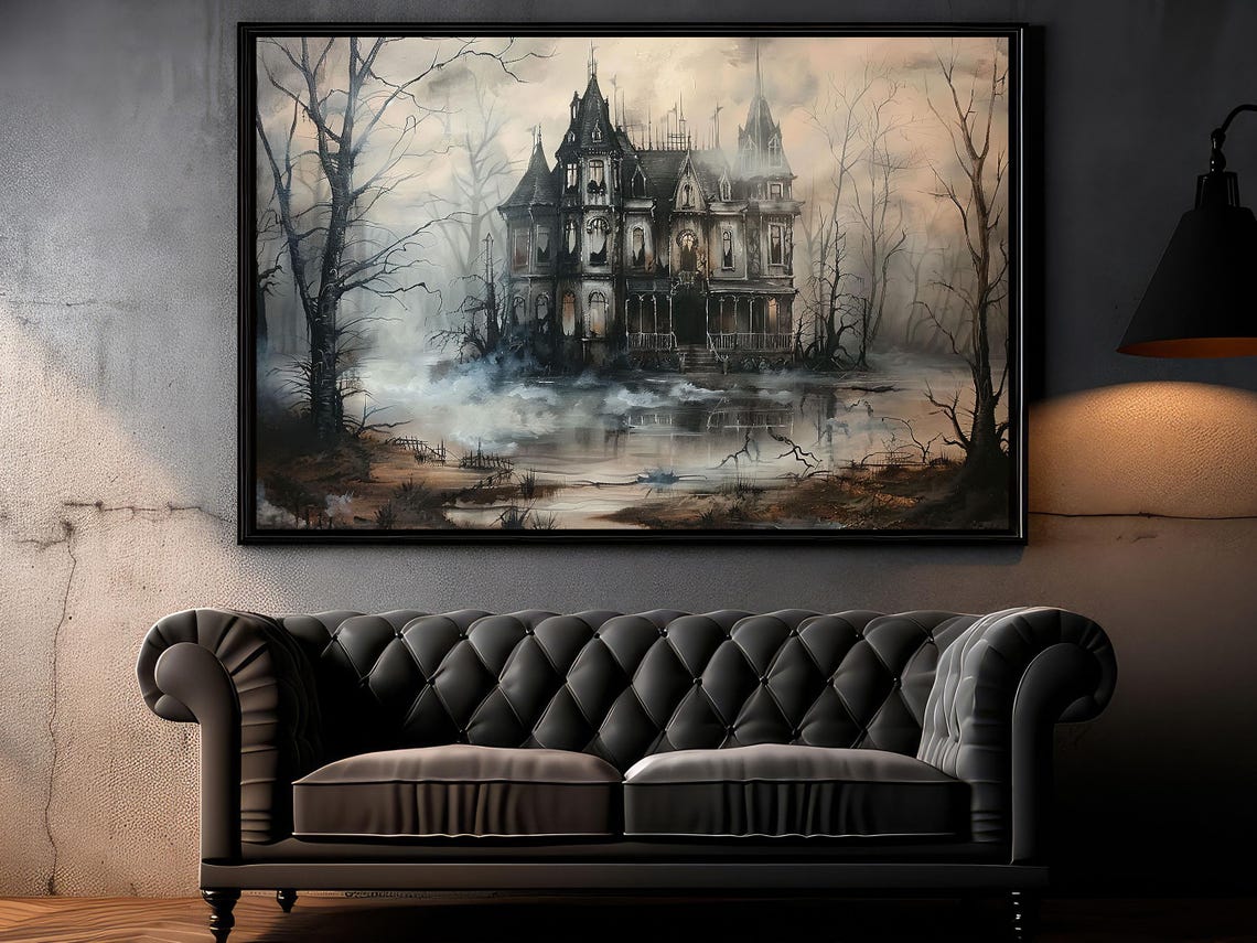 Foggy Haunted Mansion Among Bare Trees Gray Spooky Halloween Print - Image 6