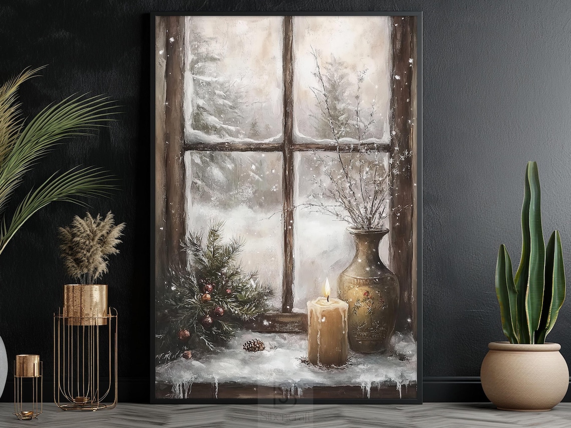 Vintage Snowy Window Painting Winter Poster