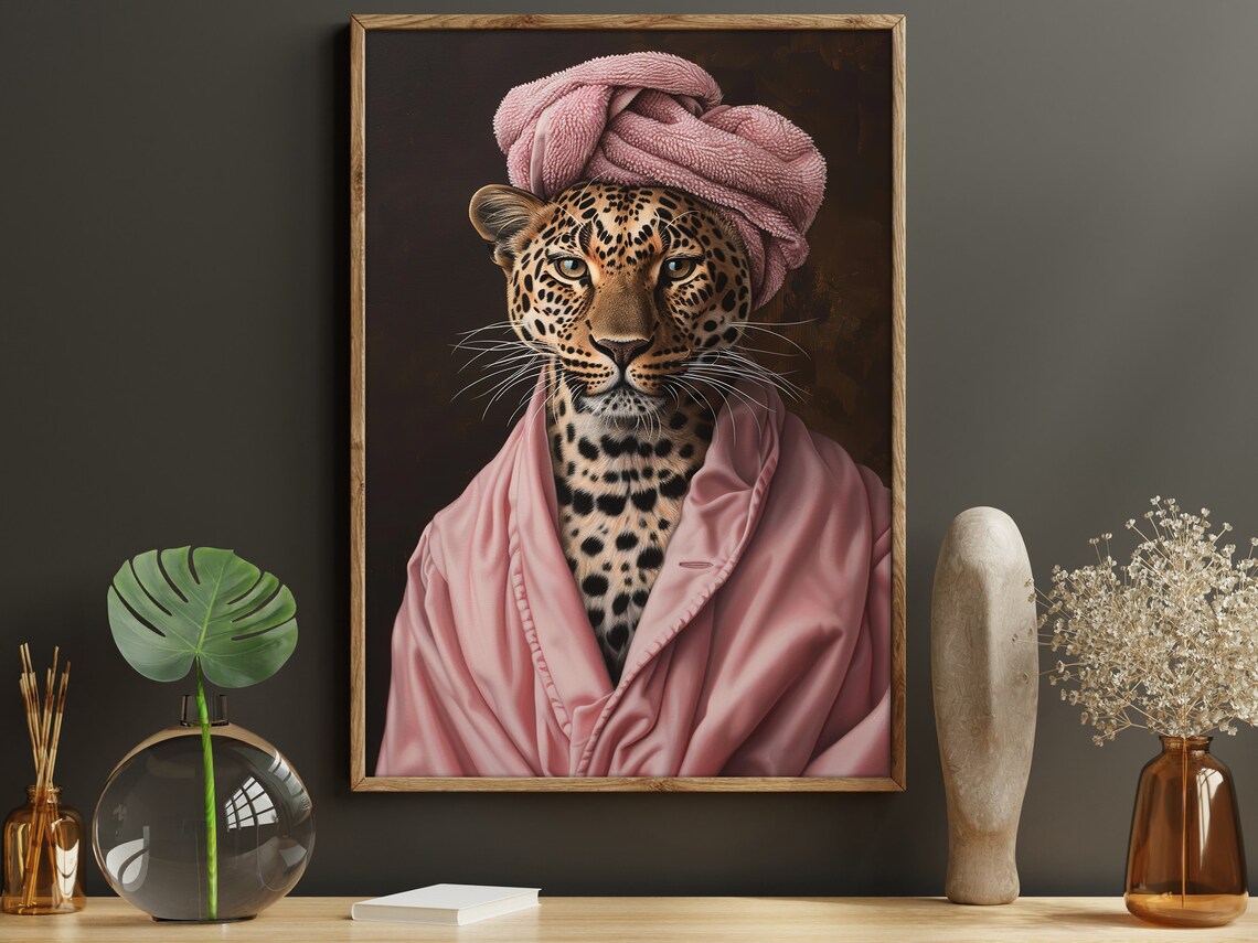Leopard In Pink Bathrobe Towel Turban Funny Animal Portrait Humor Poster