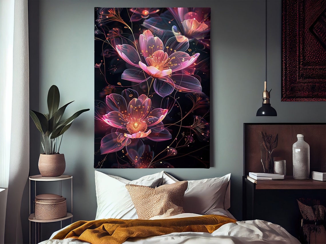 Glowing Neon Pink Purple Flowers On Black Botanical Modern Art Poster - Image 2