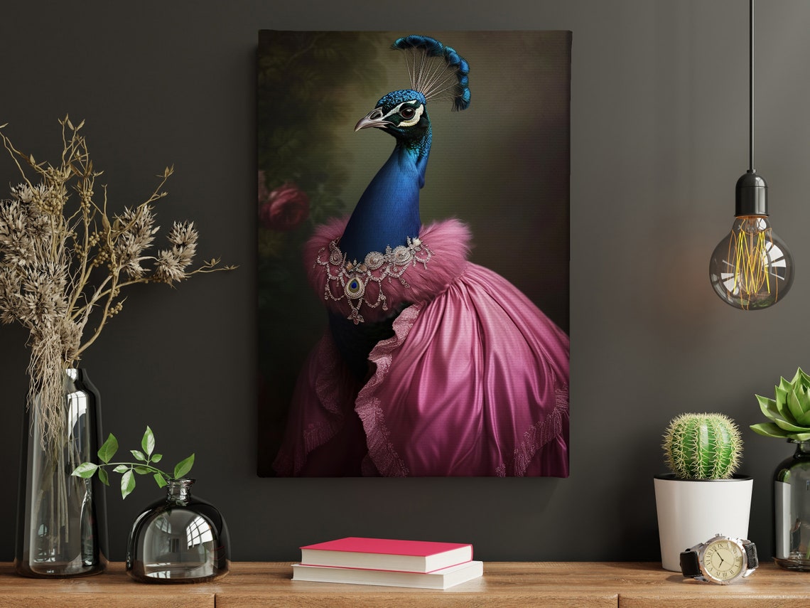 Peacock Lady In Pink Satin Gown With Jewelry Elegant Bird Art Poster - Image 3
