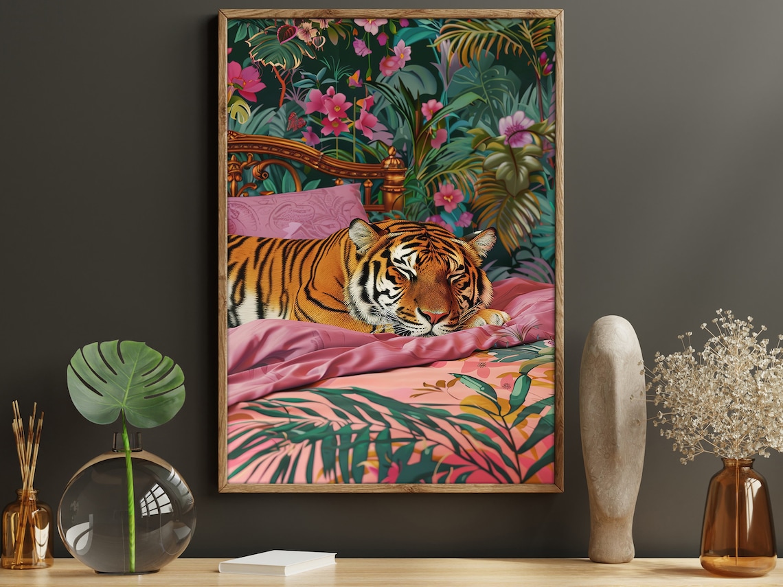 Matisse-Inspired Tiger Sleep On The Bed Art Print