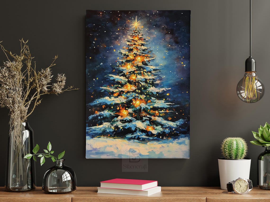 Glowing Christmas Tree With Golden Lights On Starry Snowy Night Poster - Image 4