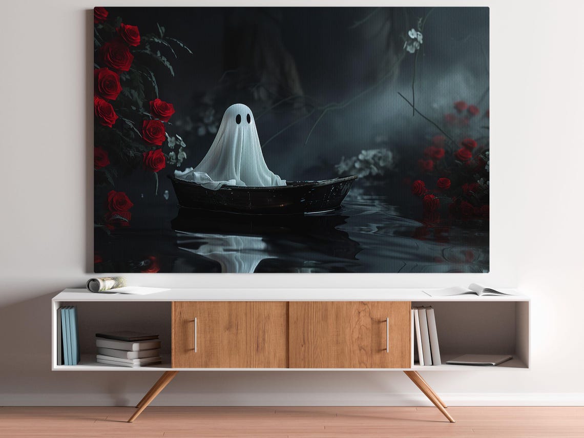 Dark Ghost in Rowboat on Misty Water Surrounded by Red Roses Poster - Image 5