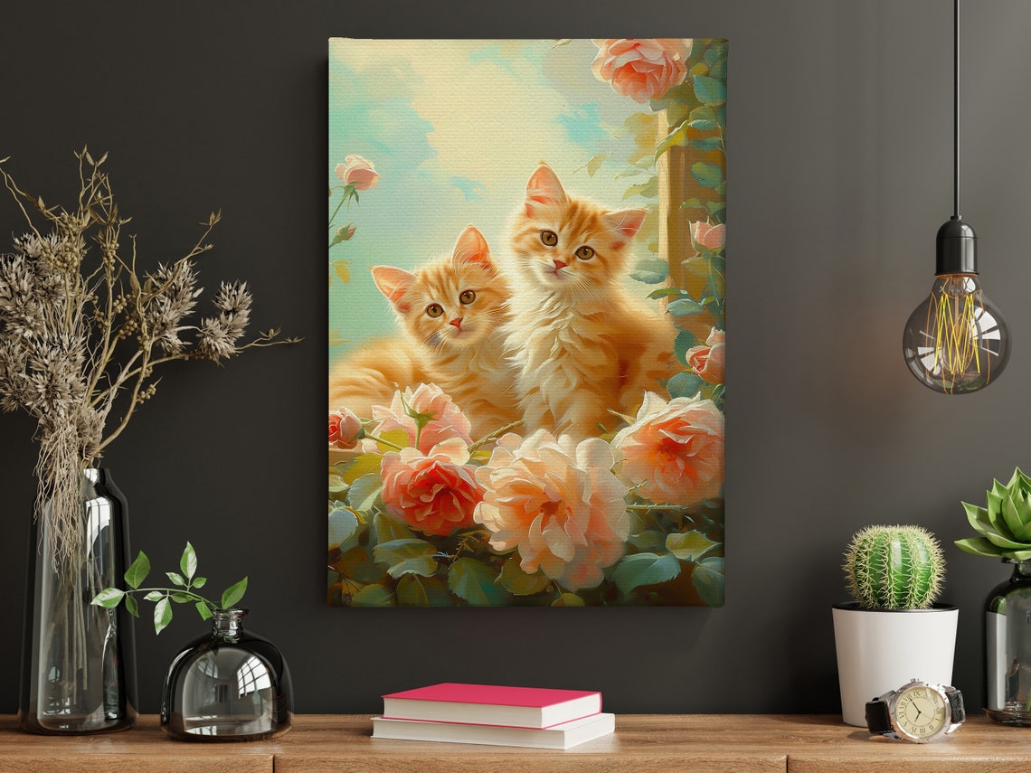 Two Cream Kittens Among Peach Roses At Window Cat Art Poster - Image 2