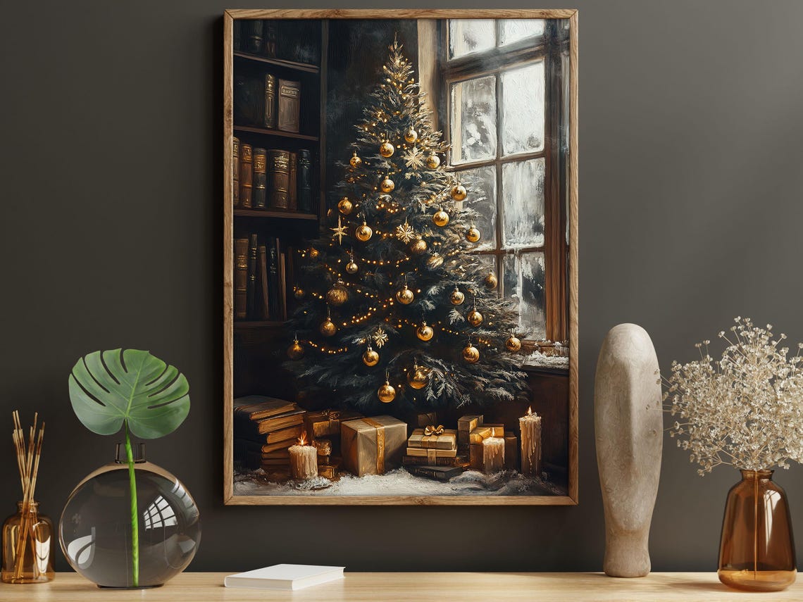 Cozy Christmas Tree With Gold Ornaments By Window With Books Poster - Image 6