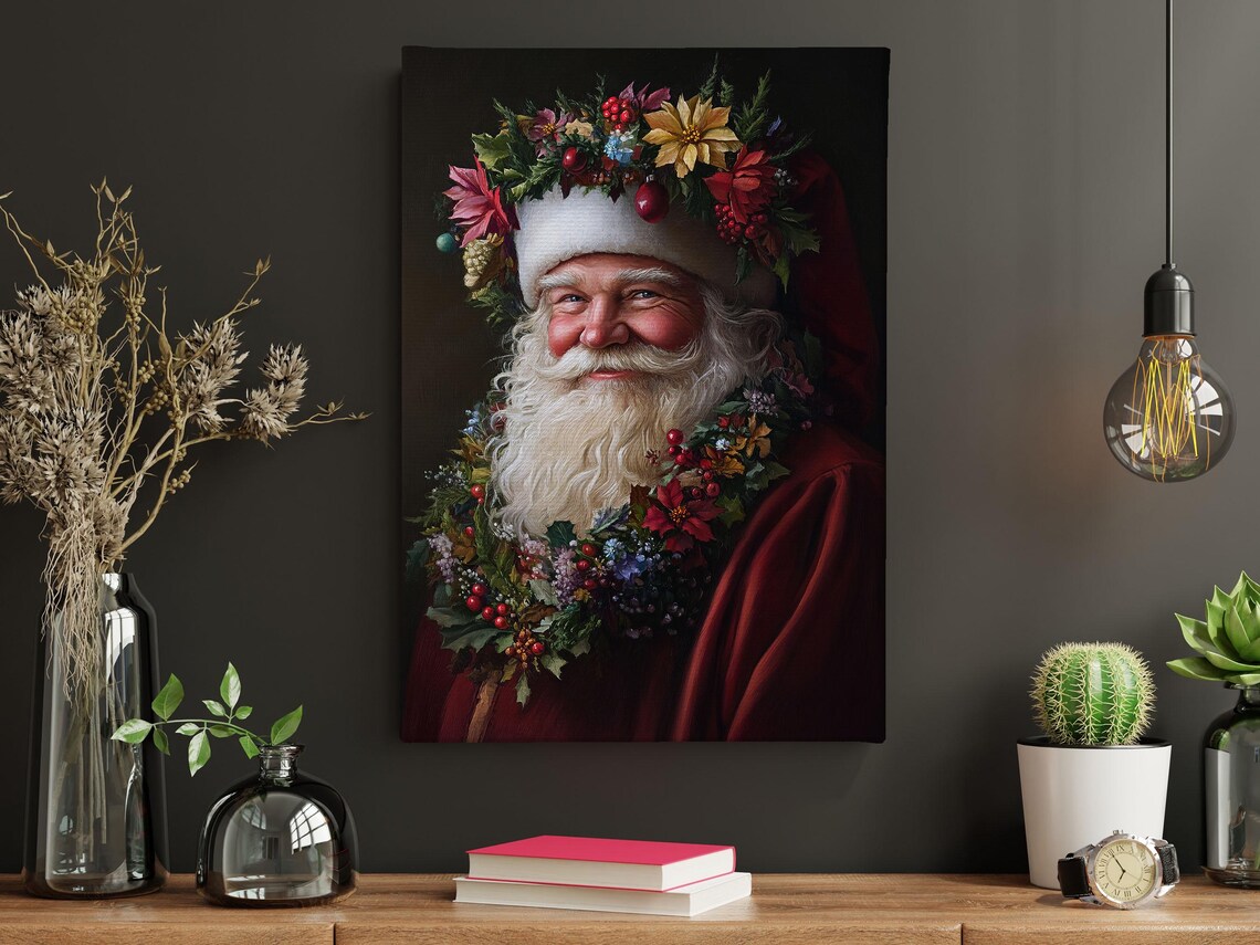 Vintage Santa Claus Wearing Christmas Wreath Crown Of Flowers Poster - Image 4