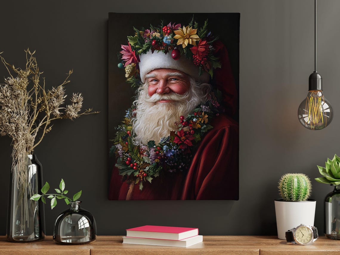 Vintage Santa Wearing Christmas Wreath Painting Christian Cottage Santa Claus Poster Print Christmas Wall Art Christmas Decor - Image 4
