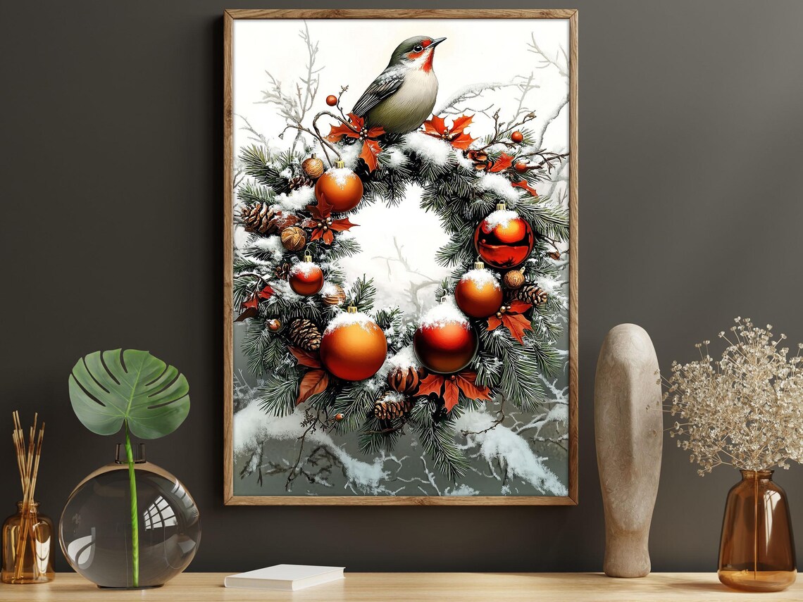 Vintage Christmas Wreath With Red Ornaments And Snowy Songbird Print - Image 6