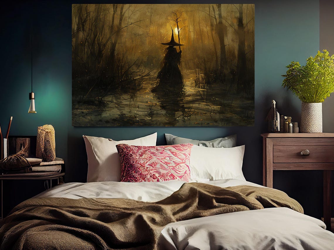 Dark Witch Wading Through Moonlit Creek in Haunted Forest Art Poster - Image 4