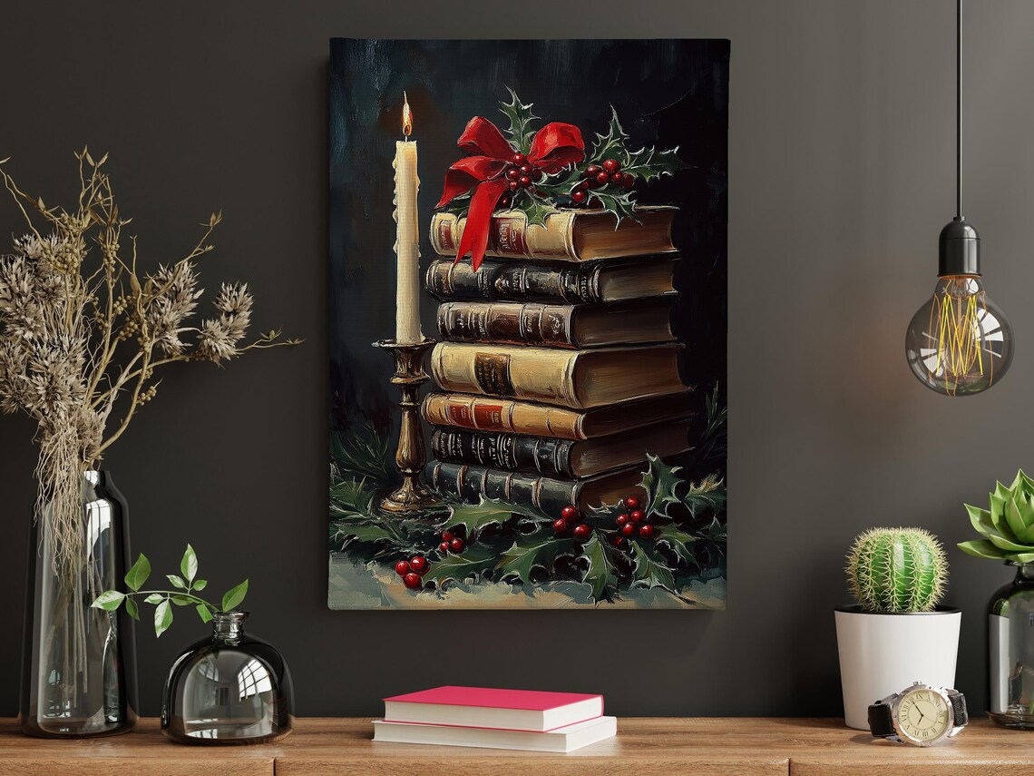 Vintage Christmas Candle and Books Poster Print - Image 4