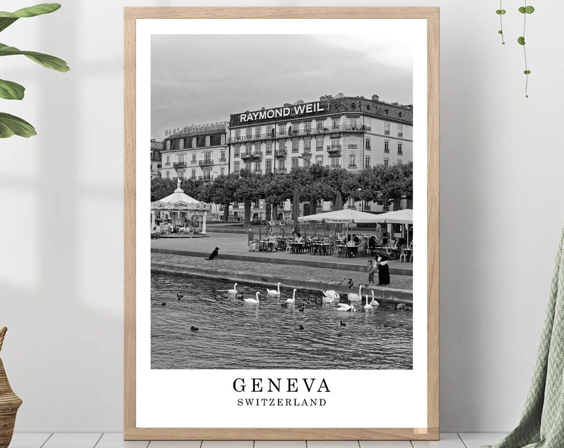 Geneva Lakeside Promenade Swans Carousel Black White Photo Poster