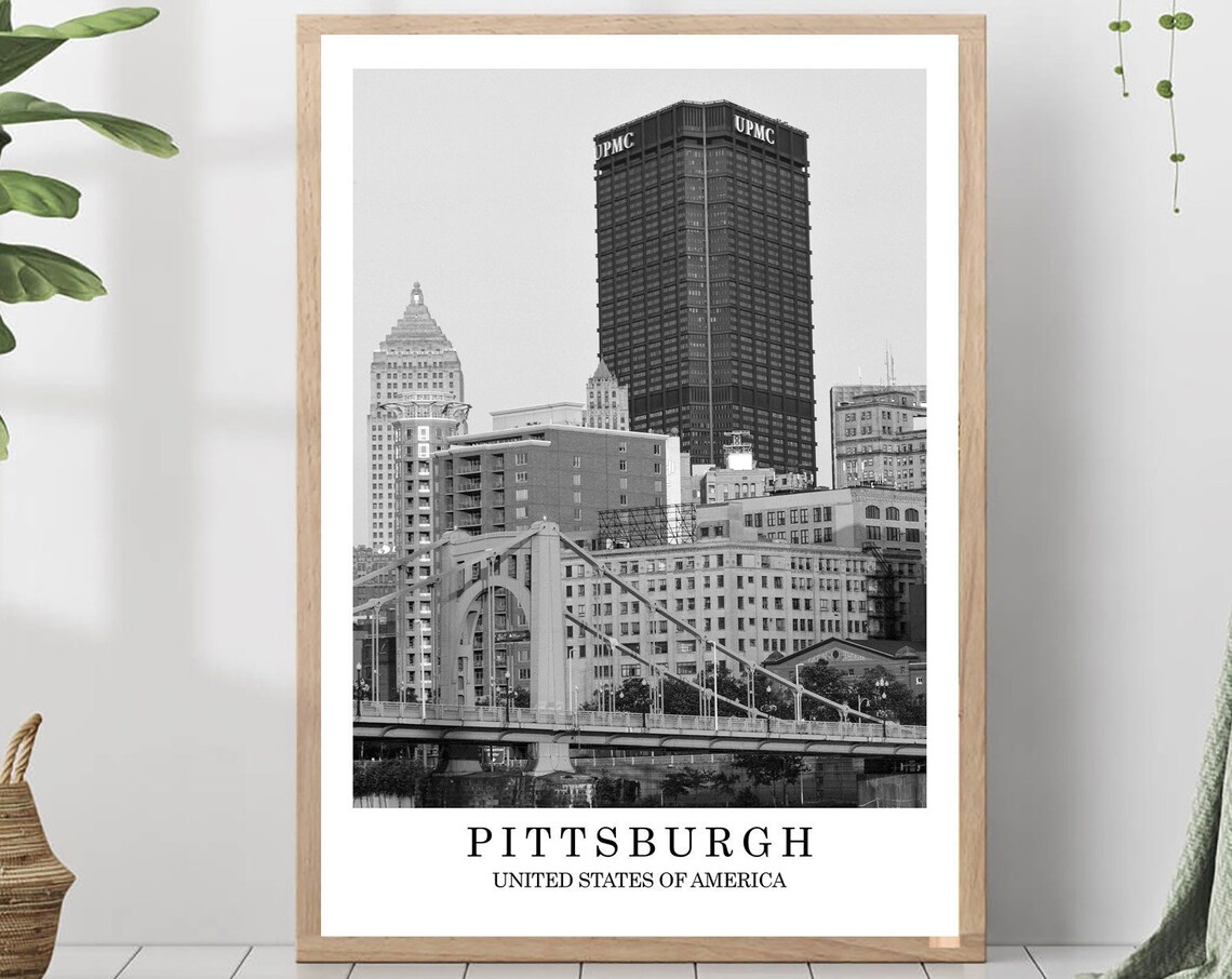 Pittsburgh Downtown Skyline Bridge Black And White Riverfront Poster
