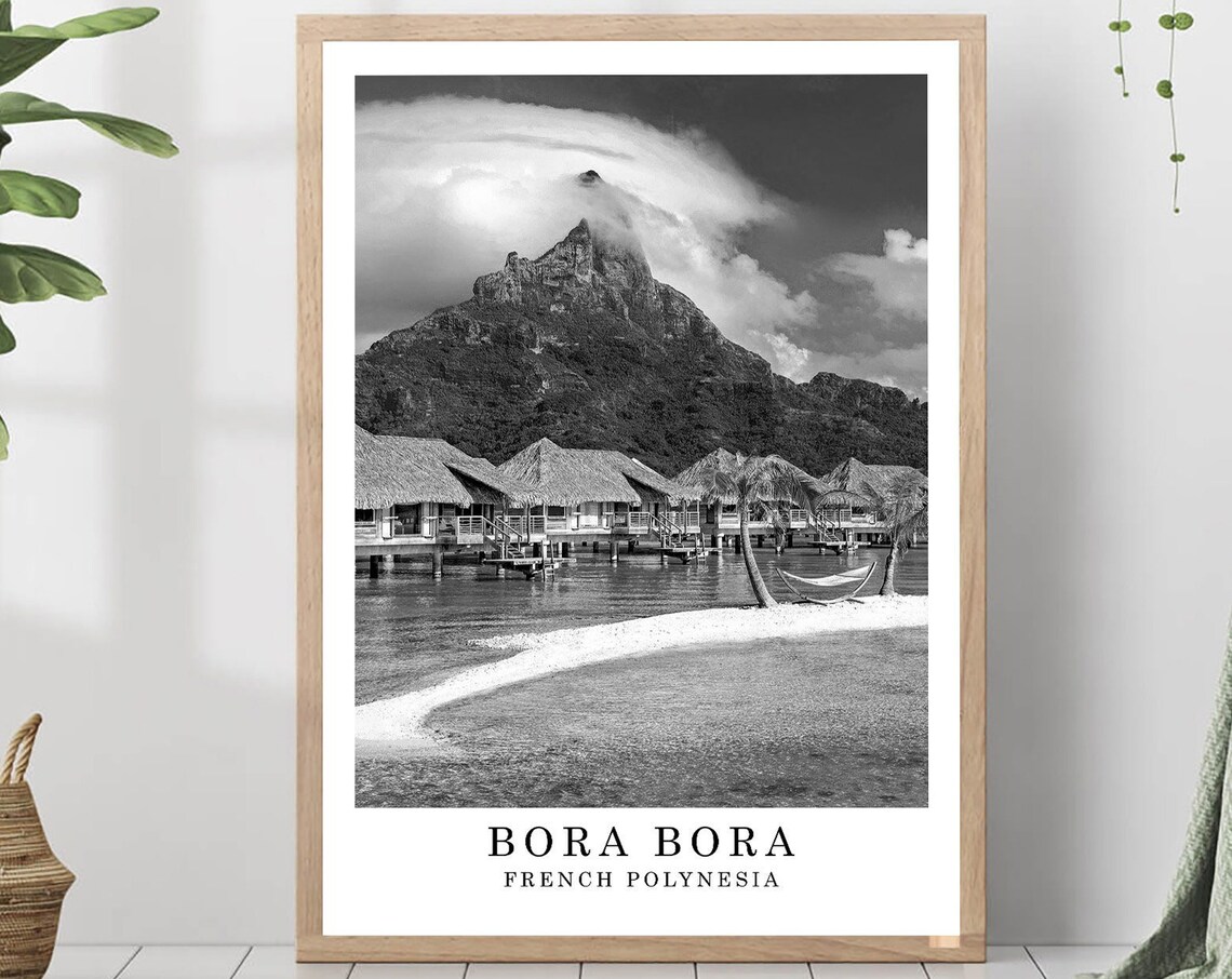 Bora Bora Overwater Bungalows Mountain Black White Photo Poster