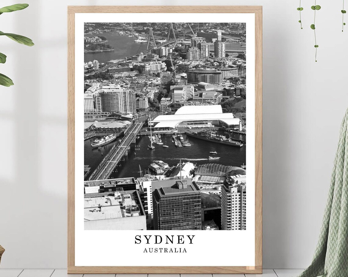 Sydney Australia Darling Harbour Aerial Black And White Photo Poster