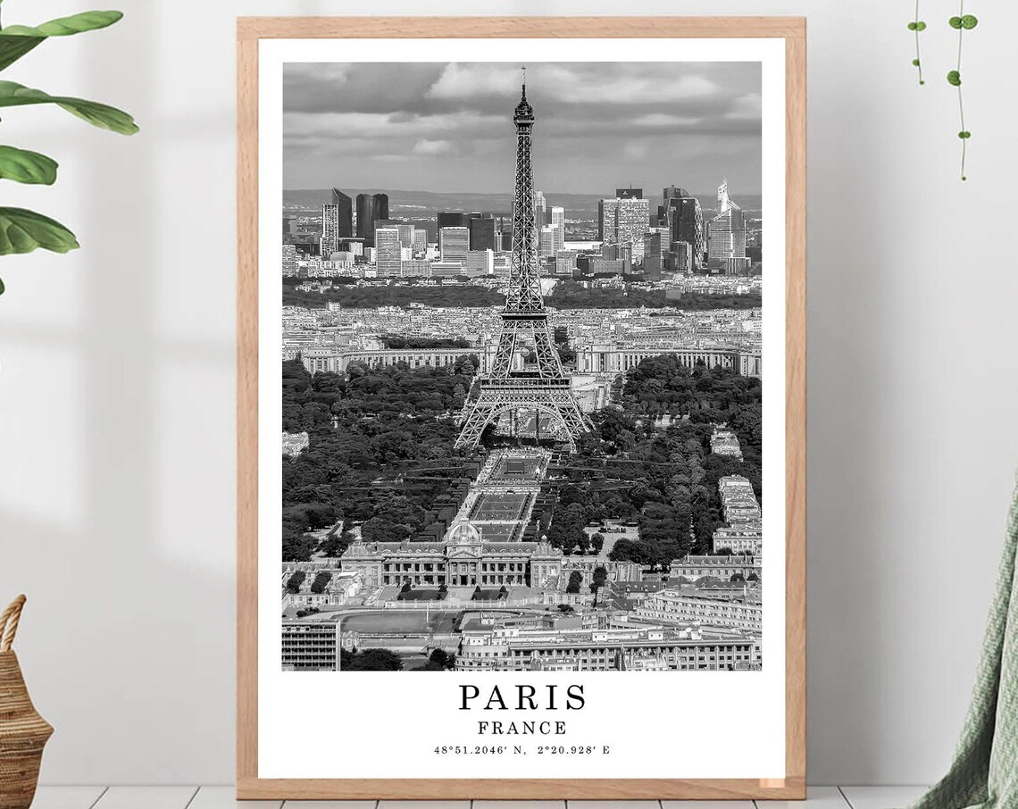 Paris Eiffel Tower Aerial Black And White France Landmark Poster
