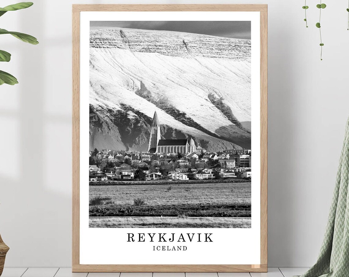 Reykjavik Hallgrimskirkja Snow Mountain Black White Photo Poster