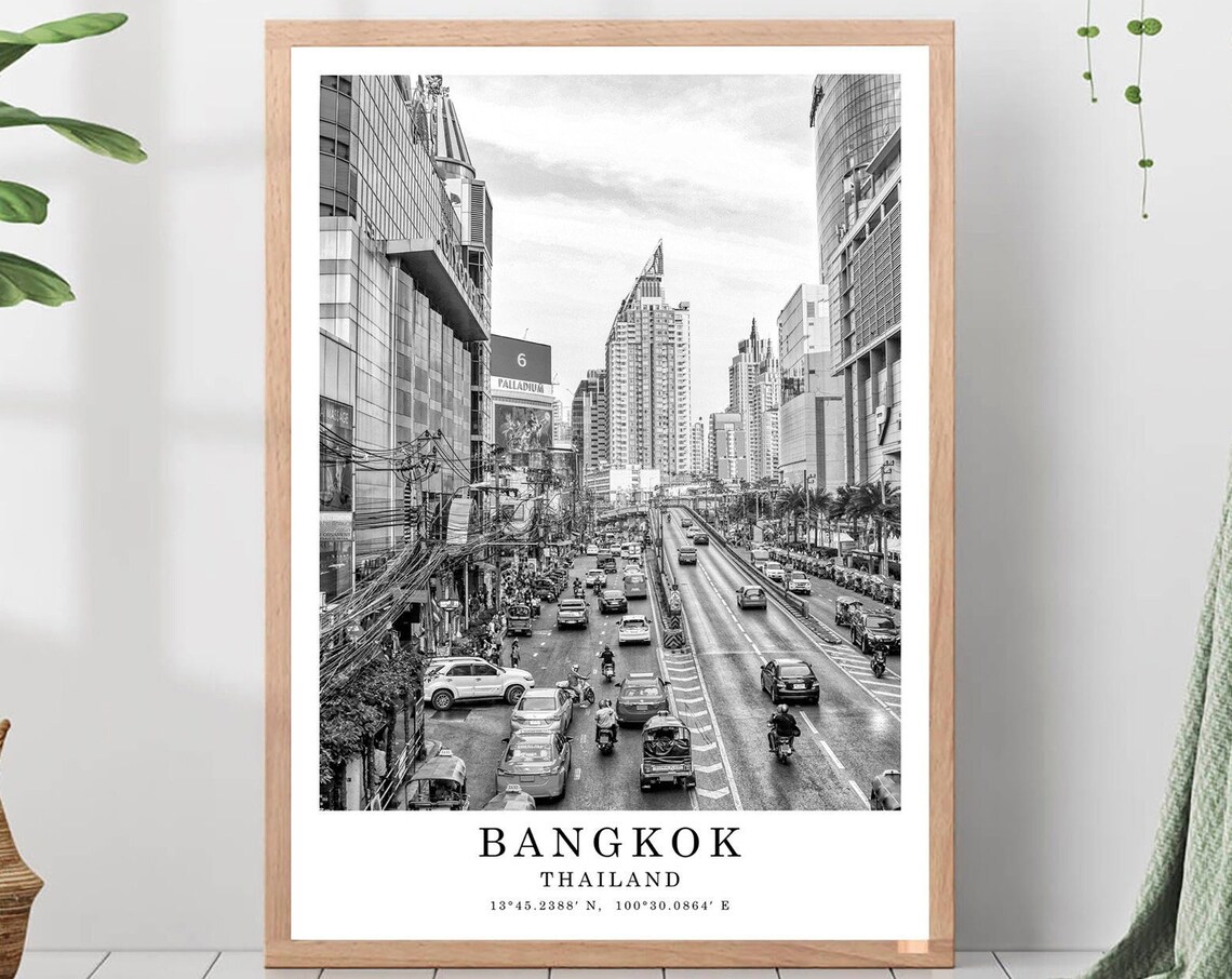 Bangkok Thailand Bustling City Street Black And White Photo Poster