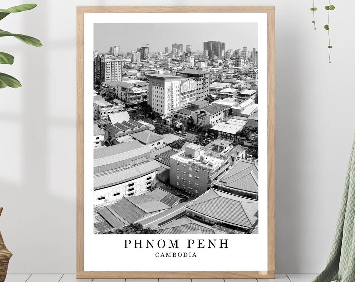Phnom Penh Cambodia City Rooftops Aerial Black And White Photo Poster