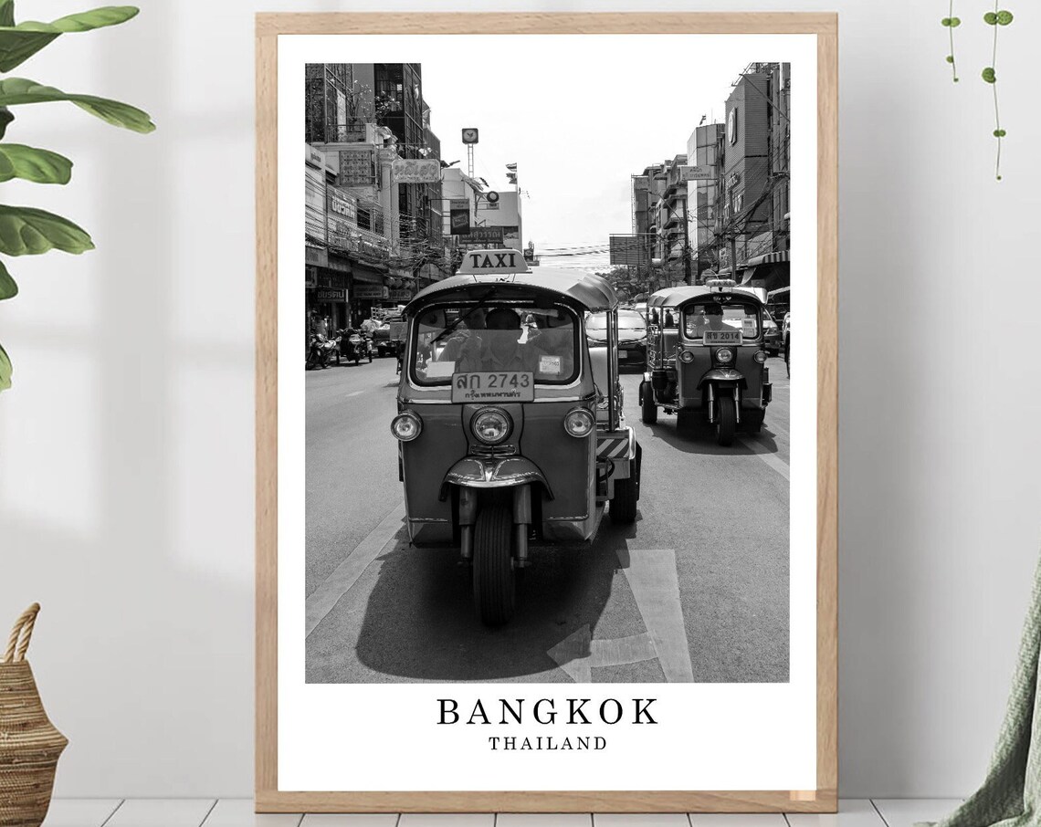 Bangkok Tuk Tuk Taxi Street Scene Black and White Photography Poster