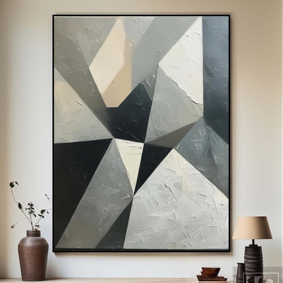 Black Gray White Faceted Triangles Low Poly Geometric Abstract Poster