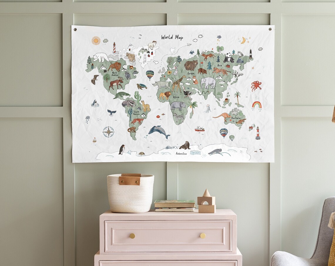 Kids Room World Map Banner, Homeschool Decor