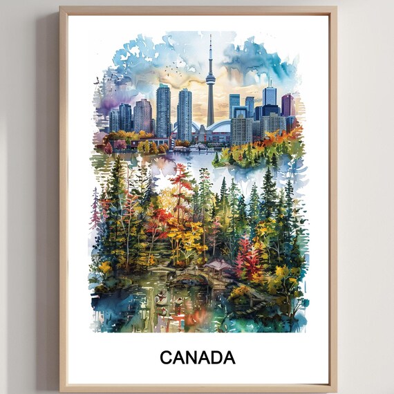 Canada Toronto CN Tower Skyline Autumn Forest Watercolor Travel Poster