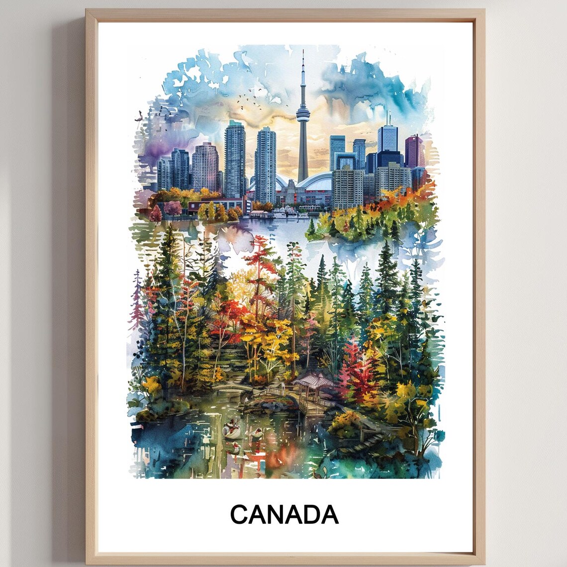 Canada Toronto CN Tower Skyline Autumn Forest Watercolor Travel Poster