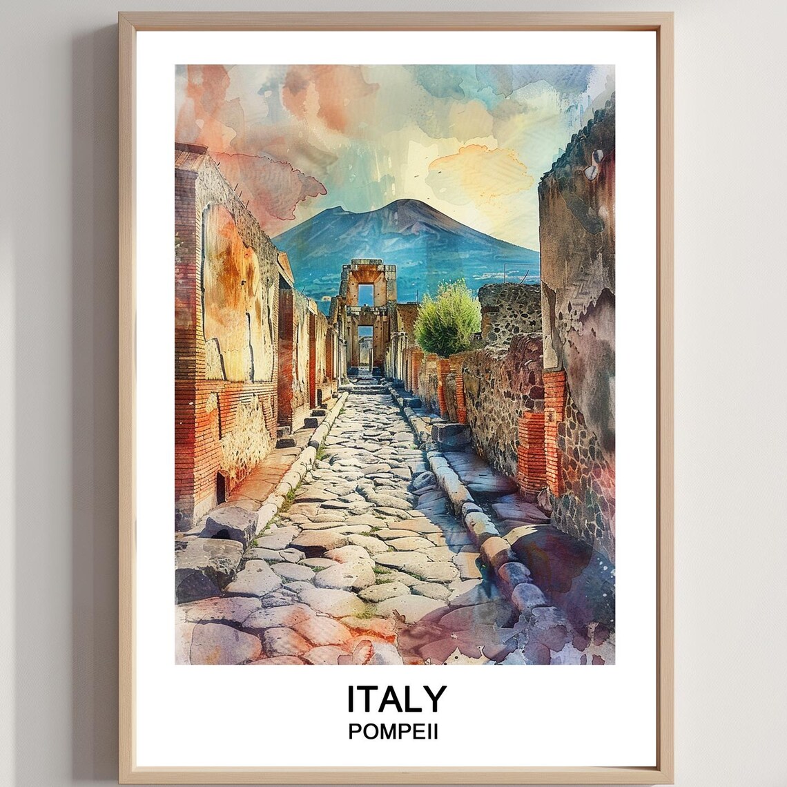 Pompeii Italy Ancient Ruins Vesuvius Watercolor Travel Poster